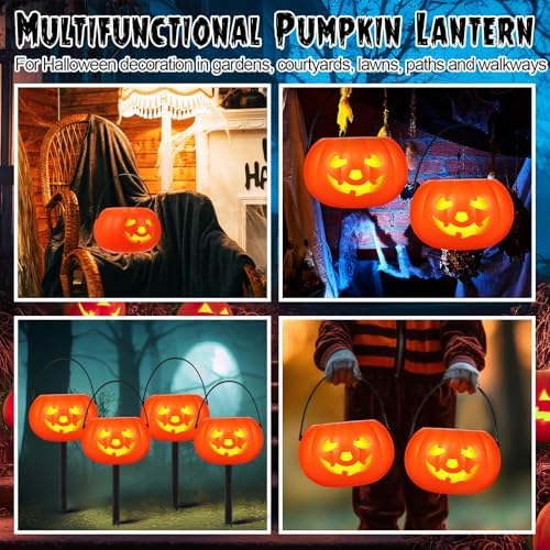Rossesay 4 Pcs Halloween Pumpkin Pathway Markers Solar Light up Orange Jack O Lantern Stake LED Waterproof Plastic Pumpkin Light for Garden, Balcony, Yard, Lawn, Pathway, Walkway Halloween Decor