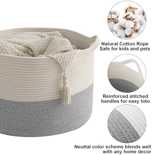 115L Extra Large Blanket Basket, Woven Laundry Basket-White&Grey