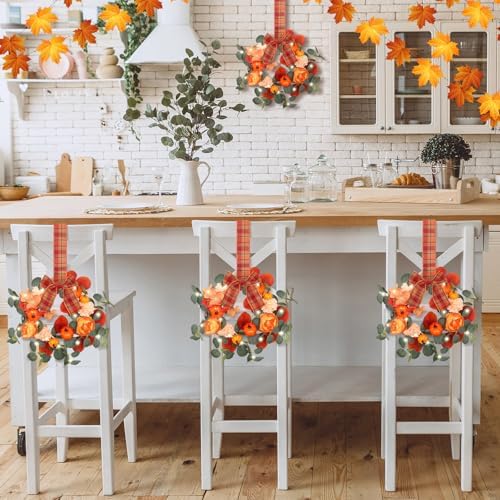 Thiccywoov 2 Pack 9'' Fall Small Wreath for Cabinet with LED String Light