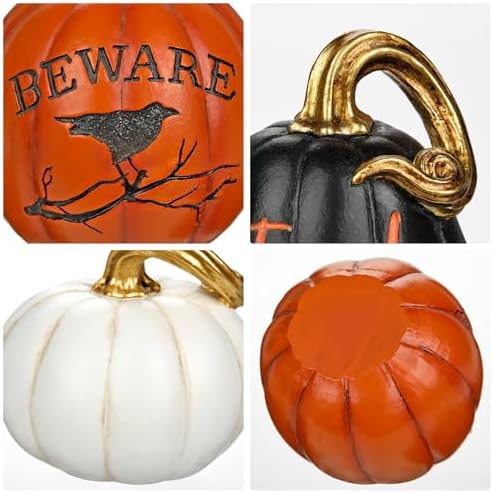 DILATATA Fall Pumpkins Decoration 3Pcs Resin Pumpkins Thanksgiving Fake Pumpkin Figurines Small Carved Pumpkin for Home Harvest Halloween Thanksgiving Rustic Farmhouse Table Centerpiece Shelf Mantel