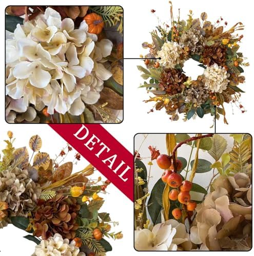 WANNA-CUL 24 Inch Fall Wreaths for Front Door with Hydrangea,Mini Pumpkins