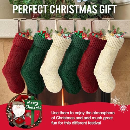Hommtina Christmas Stockings, Personalized Christmas Stockings 18 Inches Large Size Cable Knitted Stocking Gifts (Style 2 6pcs White&red&Green)