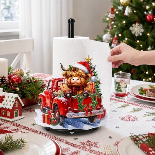 Christmas Highland Cow Paper Towel Holder, Farmhouse Xmas Kitchen Countertop Decor, Highland Cow Paper Towel Roll Stand, Christmas Housewarming Birthday Gift for Women Mom
