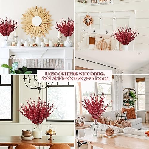 RECUTMS 36Pcs Artificial Red Eucalyptus Leaves Stems 14.6in Christmas Pick