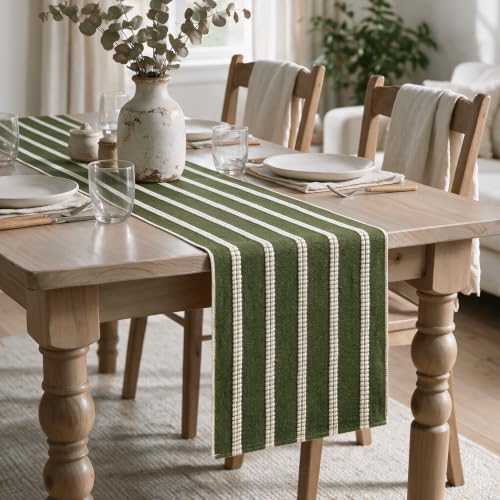 Artoid Mode Army Green Farmhouse Dashed Stripe Table Runner, Seasonal Holiday Boho Rustic Kitchen Dining Table Decoration for Home Party Decor 12x90 Inch