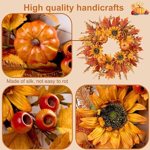 zjlmit Fall Wreaths for Front Door 24 Inch Fall Wreath with Pumpkins Sunflowers Maple Leaves and Orange Red Berries Autumn Wreath for Farmhouse Porch Thanksgiving and Harvest Festival Parties