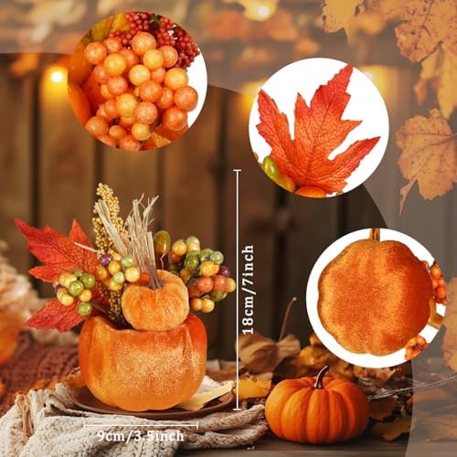 Artmag Set of 6 Artificial Pumpkins Decorations, Decorative Fabric Orange Pumpkin with Maple Berry Acorn Pine Cone Vegetables for Fall Thanksgiving Harvest Party Home Tabletop