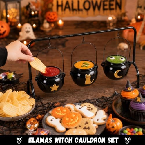 Halloween Party Decorations, 3 Pack Ceramic Witches Cauldron Bowls on Rack