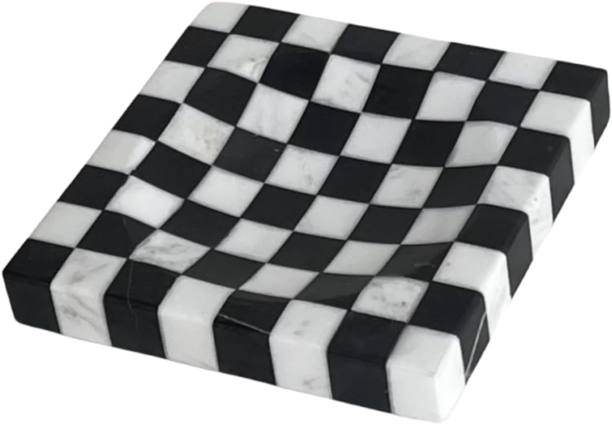 Marble Stone Checkerboard Square Small Splicing Mosaic Tray Jewelry Dish / Black and White