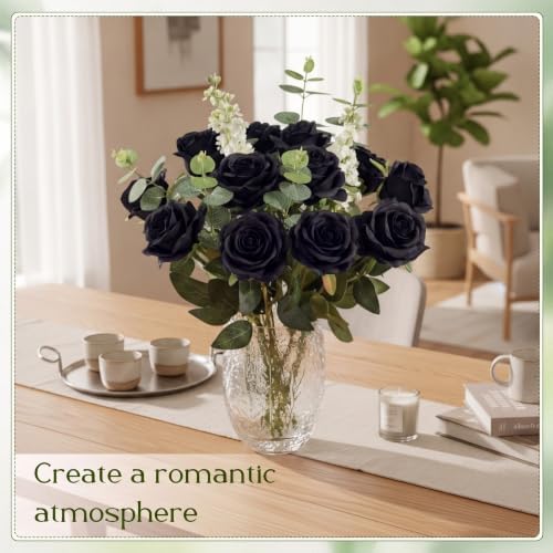 Hotop 20 Pcs Artificial Rose Flowers with Long Stem for Wedding,Black