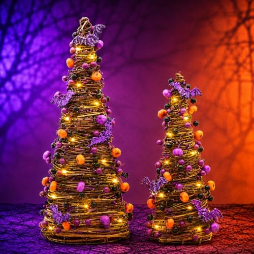 2Pa Lighted Halloween Tabletop Tree,Purple Pumpkin Halloween Decor【Timer】