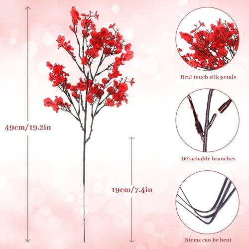 Uieke 12 Pcs Valentine’s Day Artificial Baby’s Breath Flowers, Red Pink Faux Gypsophila Bouquets Real Touch Silk Fake Flowers for Romantic Wedding, Anniversary, Party, Home Table Centerpiece Décor