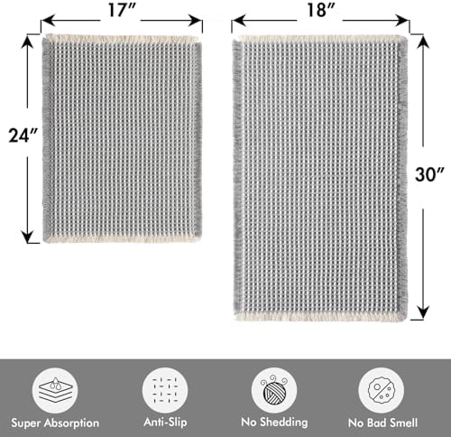 MIULEE Set of 2 Waffle Bathroom Rugs LightGrey&Cream 17"x24"+18"x30"