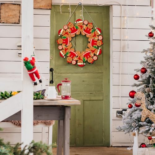 Merry Christmas Gingerbread Man Front Door Wreath, Xmas Wooden Gingerbread Boy Hanging Sign Christmastree Topper Ornament Wall Door Candy Hanger Outdoor Outside Porch Party Decor Supplies