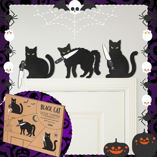 Dripykiaa Scary Black Cat Halloween Wall Decor, 3PCS Wooden Creepy Cat Decorations, Wall Art for Door, Window, Shelf, Bathroom, Living Room Halloween Decorations