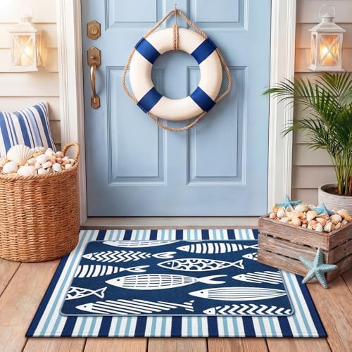 Tinideya 2 Pcs Coastal Fish Door Mat Outdoor Nautical Beach Welcome Mat