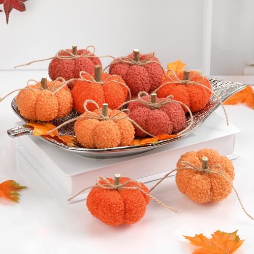 Fake Fall Pumpkin Decorations for Home, 9 Pcs Artificial Mini Fabric Pumpkins Autumn Decor, Fake Pumpkins for decorating, Fall Wedding Table Centerpiece Mantel Harvest Decor, Halloween, Thanksgiving