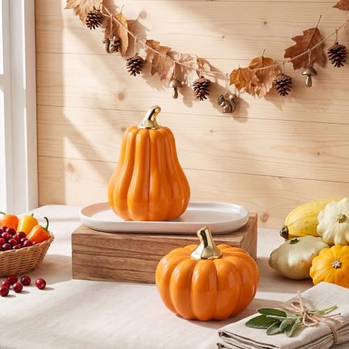 Qinyoung 2 Pcs Fall Ceramic Pumpkins for Home Decor Gold Stem, Orange