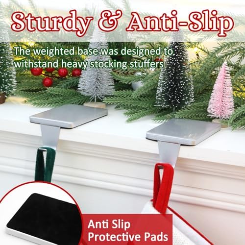 HMASYO Christmas Stocking Holders for Mantle Set of 2, Silver Heavy Duty Iron Stocking Hangers Base, Low Profile Weighted Stocking Holder Hooks for Fireplace Tabletop Shelf Christmas Decoration