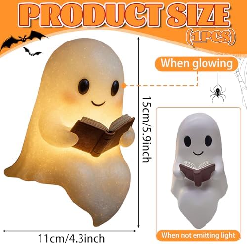 Halloween Ghost Figurine, Spooky & Cute Reading Ghost Statue for Bedroom, Desk, Party Decor, Book Lovers Gifts, Funny Light Up Ghost Halloween Decor Indoor (5 in)