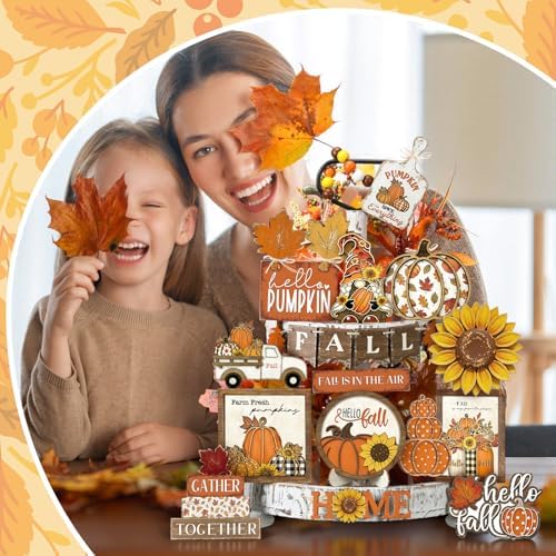 Maitys 21pcs Fall Tiered Tray Decor Set Hello Fall Thanksgiving Wood Sign Pumpkin Sunflower Gnome Farm Truck Wood Bead Garland Rustic Farmhouse Table Centerpieces for Autumn Harvest Home Kitchen Decor