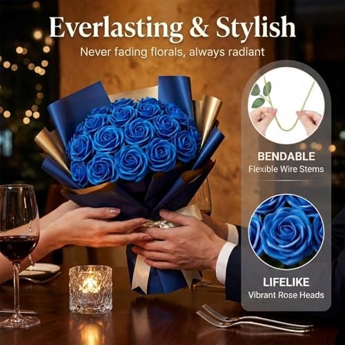 60 Pcs Blue Velvet Artificial Roses Flowers Real Looking Silk Faux Roses Bulk Long Stems for Wedding Centerpieces,DIY Floral Arrangements,Home Decor,Anniversary,Valentine's Day