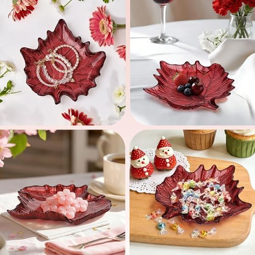 Red Maple Leaf Shaped Glass Tray, Thanksgiving Autumn Gift