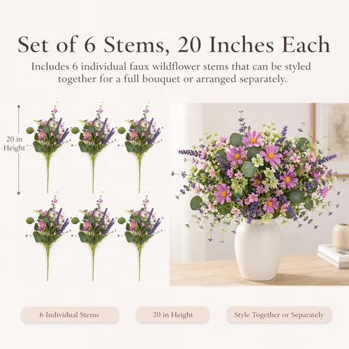 20" Artificial Flowers Bouquet for Vase Indoor, 6 stem Faux Silk Daisies Lavender Silver Dollar Eucalyptus Leaves Wildflower Floral Arrangement Home Decor for Living Room Dining Table Entryway