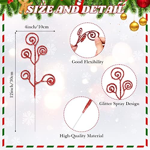 Ysleen 50 Pcs Glitter Tree Picks and Sprays Twigs Branches, Red