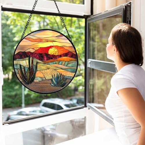 Desert Cactus Stained Glass Window Hanging Suncatcher Gifts for Women 7.8"