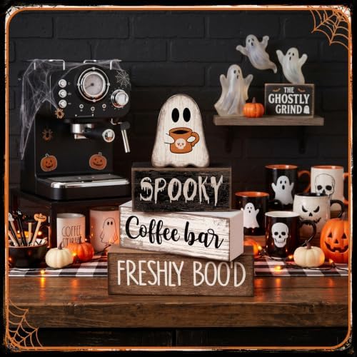 Lineshading 4 Pcs Halloween Coffee Bar Decor Wooden Ghost Block Signs