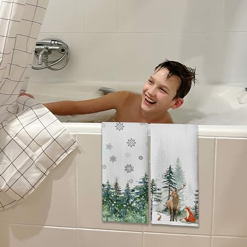 Winter Decor Deer Green Tree Snow Christmas Kitchen Towels,16x24 Inches Set of 2,Tea Towels Dish Towels Hand Towels for Home Kitchen Farmhouse Bathroom Decor.(027)