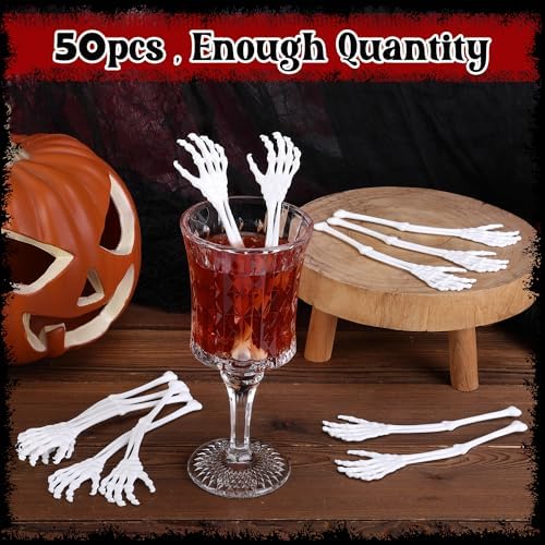 50 Pcs Halloween Skeleton Cocktail Stirrers, Skeleton Hand Swizzle Sticks
