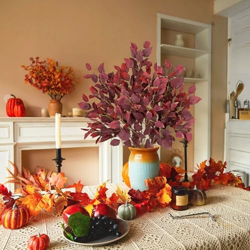 Artificial Fall Birch Leaves Stem - 6 Pcs Faux Autumn Greenery Long Stems 33.4" Tall Fake Plants with Branches Decorations for Thanksgiving Wedding Centerpieces Home Table Decor Floral Arrangements