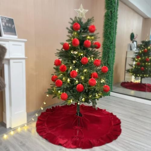 Velvet Christmas Tree Skirt Red 48 inch Ruffled Holiday Tree Skirt for Rustic Xmas Tree Decoration