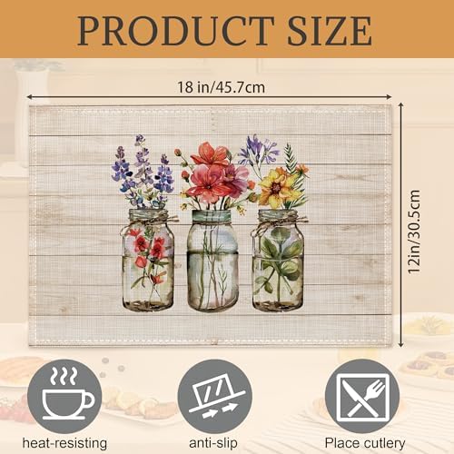 Spring Flowers Placemats Set of 6,Washable Heat Resistant 12×18 Inch Linen Table Mats Floral Place Mats for Party Outdoor Dining Decor