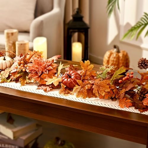 2 Pcs Fall Garland for Mantle, 6 FT Fall Garland with Lights
