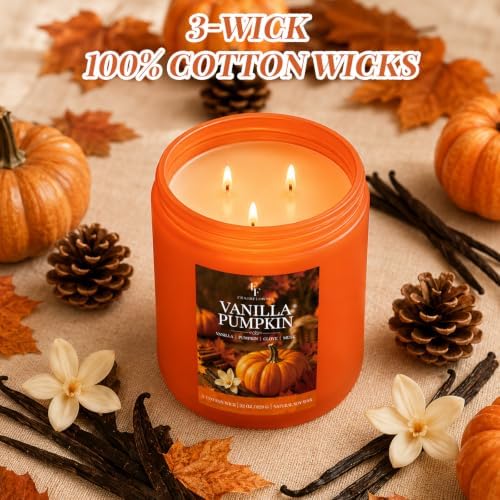 Large Fall Candle Vanilla Pumpkin Scented, 3-Wick 22oz Long Lasting