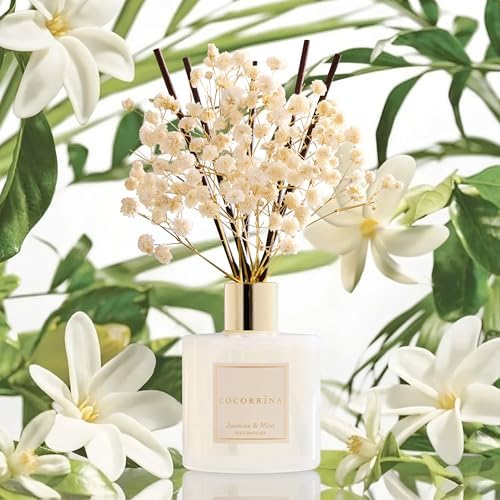 COCORRÍNA Reed Diffuser - Jasmine & Mint 6.7 Fl.oz Reed Diffuser Set with Sticks & Preserved Baby's Breath, Reed