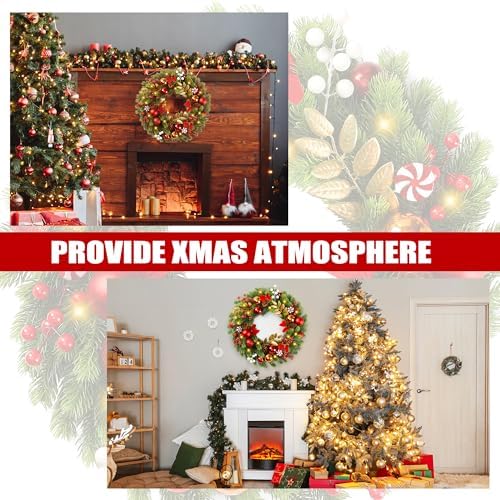 Sggvecsy 17 Inch Artificial Christmas Wreath for Front Door with 20 LED Lights Pine Needles Christmas Balls Red White Berries Pine Cones Bows Decoration for Winter Outdoor Wall Home Holiday Xmas Decor
