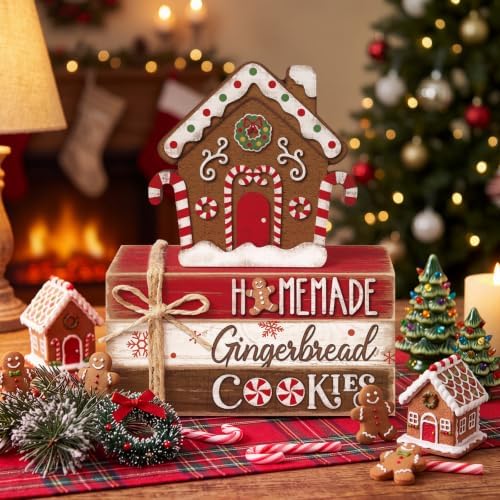 Geelin 4 Pcs Christmas Tiered Tray Decor Wooden Book Stack Signs, Gingerbread Christmas House Table Decor, Farmhouse Rustic Centerpieces for Shelf Coffee Bar Office Desk Decorations