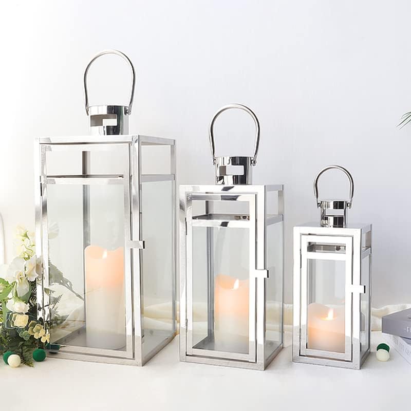 TRIROCKS Stainless Steel Lantern Set of 3, 19/15/12" Tall Metal Hanging Lanterns with Tempered Glass Panels, Indoor &