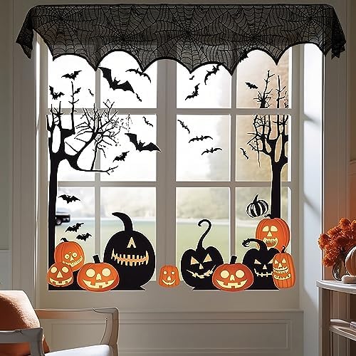 OurWarm Halloween Mantle Scarf, Lace Black Spider Web Fireplace Cover Decor