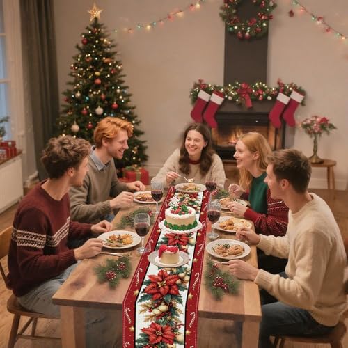 Winter Table Runner, Seasonal Christmas Kitchen Table Decoration, Suitable for WinterChristmas Family Gathering Indoor 13x72 inches (13x72 inches, Three Christmas Trees)