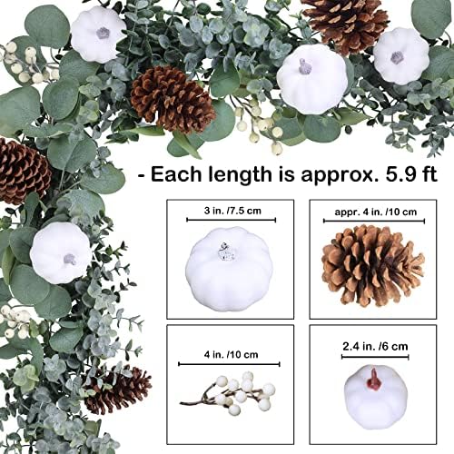 Winlyn Fall White Pumpkin Artificial Eucalyptus Garland with Pumpkins Pinecones Berries - Fall Decor, 5.9' L - Farmhouse Wedding Arch Backdrop, Thanksgiving Mantel, Table Runner, Centerpiece