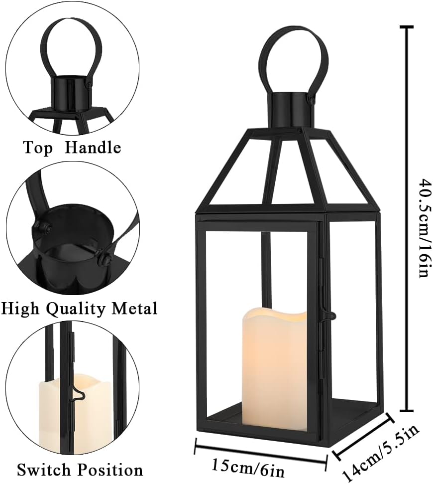 JHY DESIGN Black Decorative Lanterns 16“H Decorative Candle Lantern with Tempered Glass for Indoor Outdoor Events