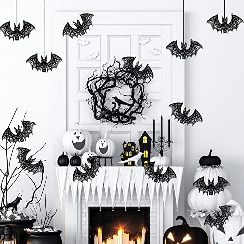 Hoteam 12 Pcs Halloween Lace Bat Decorations Window Wall Party,Black