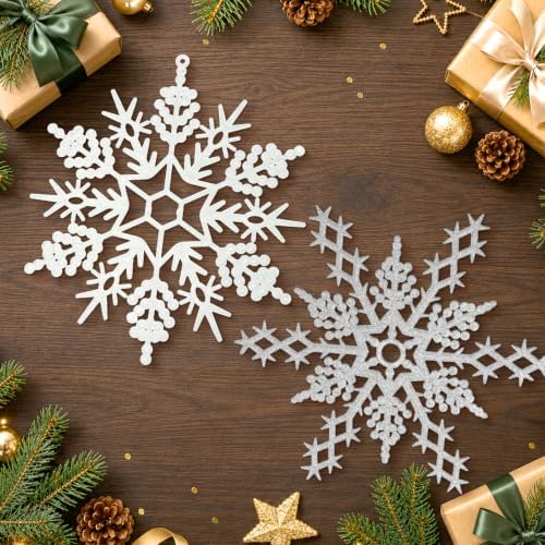 12pcs Large Christmas Snowflakes Decorations, 12" Big Plastic Glitter White Sliver Snowflake Ornaments for Winter Indoor Outdoor Christmas Tree Holiday Window Room Decor Craft Snowflakes