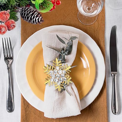 Halatool Christmas Napkin Rings Set of 8, Gold Snowflake with White Rhinestone Napkin Holder for Christmas Thanksgiving Winter Holiday Place Setting, Weddings, Party Table Decoration