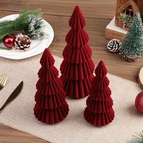 Set of 3 Velvet Ceramic Christmas Tree Decor, Burgundy